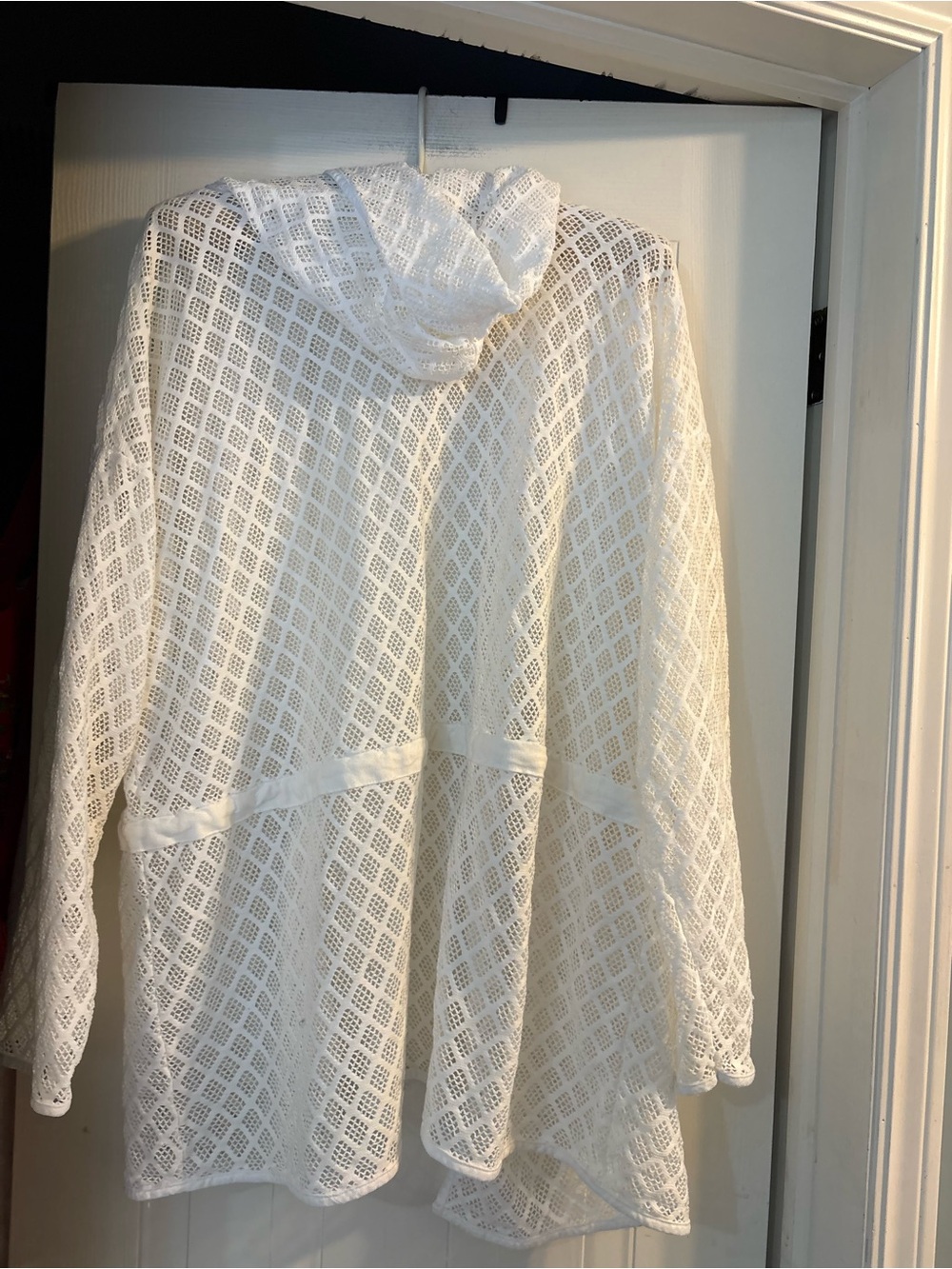 White Crochet Hooded Open Cardigan mesh great bikini cover up for summer